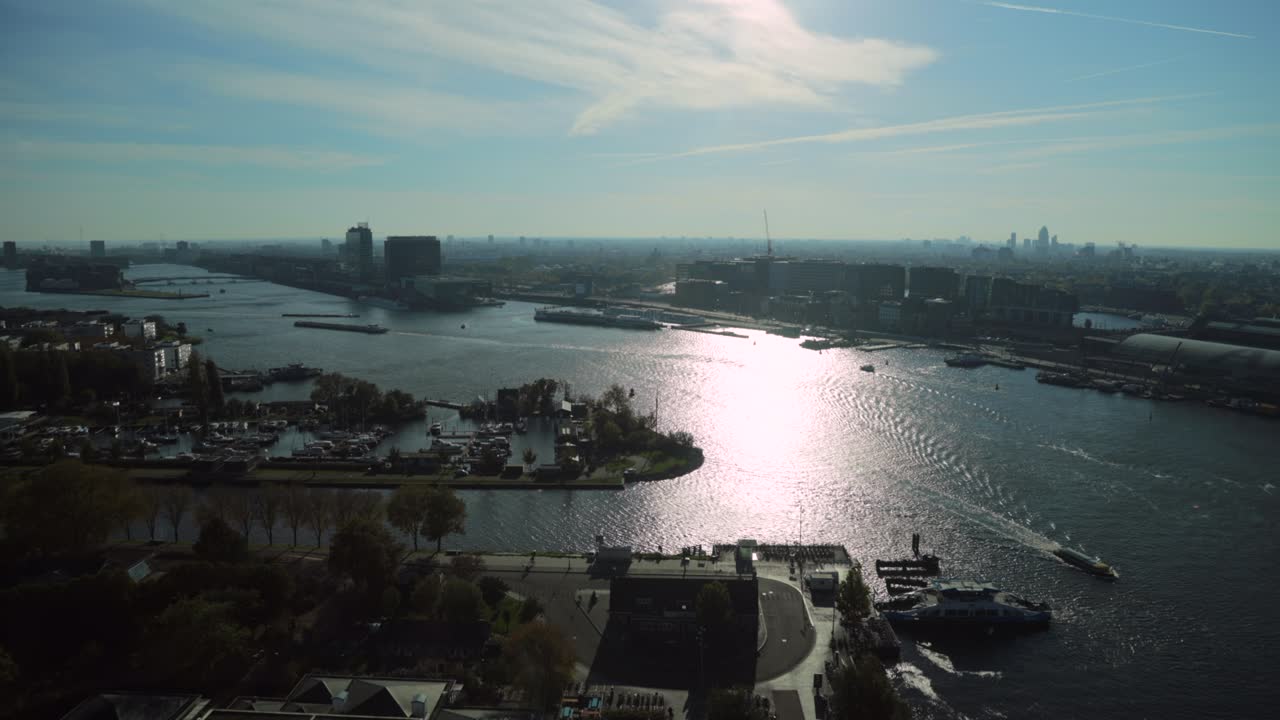 Aerial viewpoint over The River IJ in Amsterdam