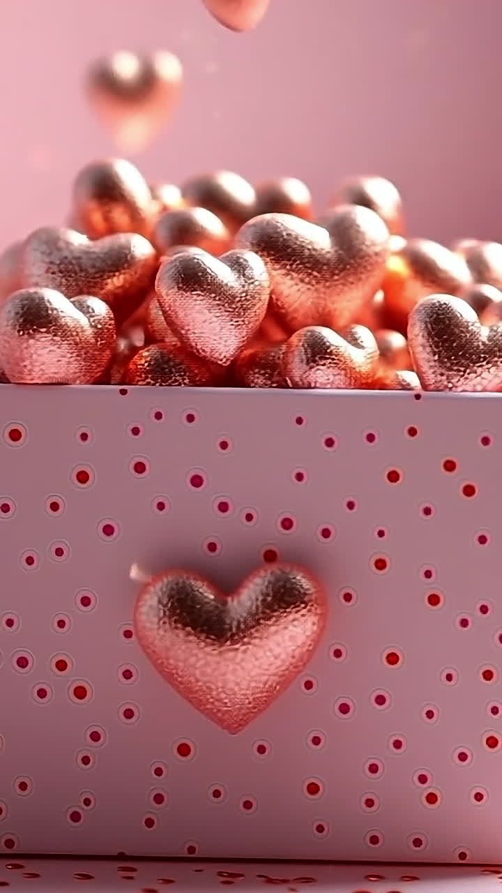 Sparkling hearts gift box. A gift box of shimmering heart decorations rests on soft pink, ideal for romantic celebrations.