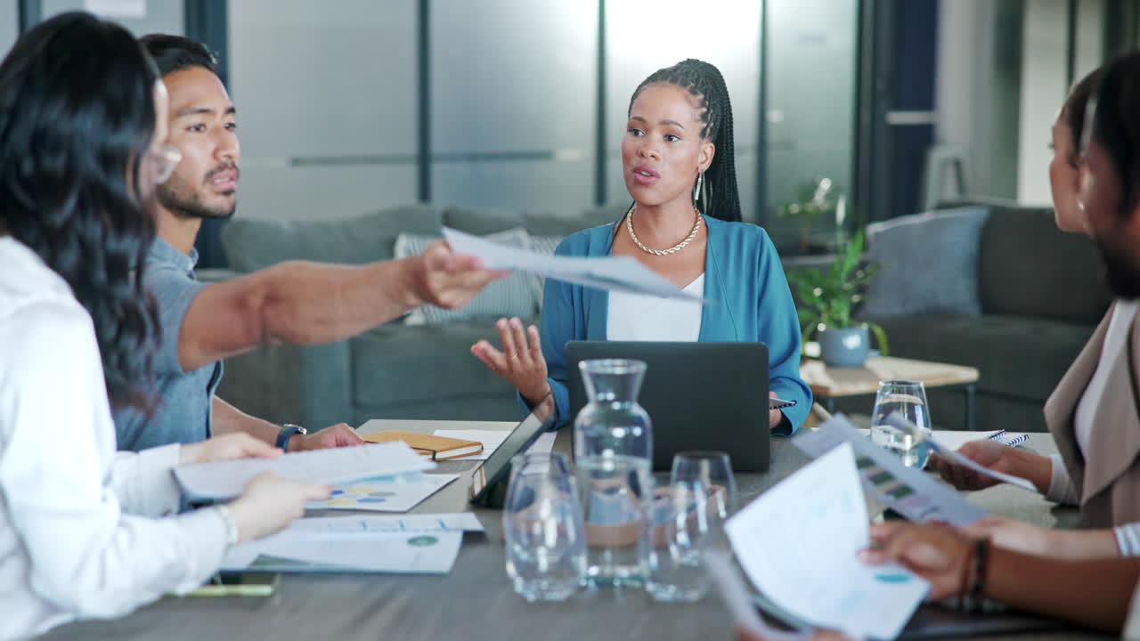 Teamwork, documents or business people in meeting