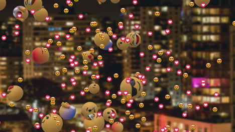 animation of multiple emojis over cityscape