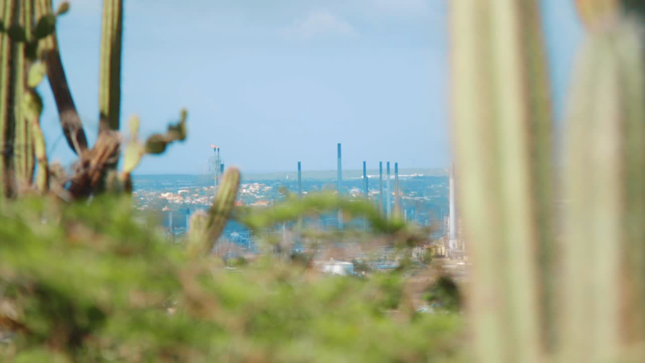 foco de rack desde el cactus en primer plano hasta la refinería de petróleo isla en el fondo, curacao