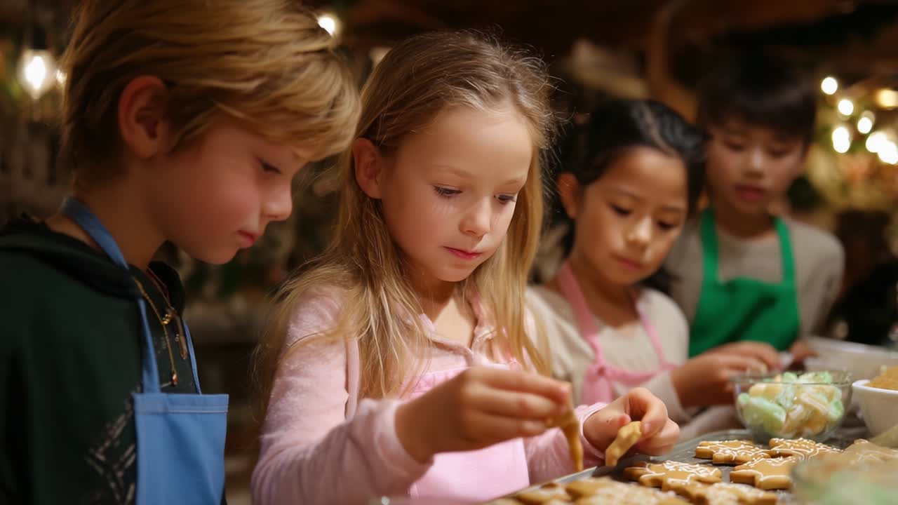 Un momento creativo: bambini che preparano deliziosi biscotti insieme in un ambiente accogliente, pieno di gioia, risate e dolci fatti a mano con cura da giovani chef in grembiuli colorati