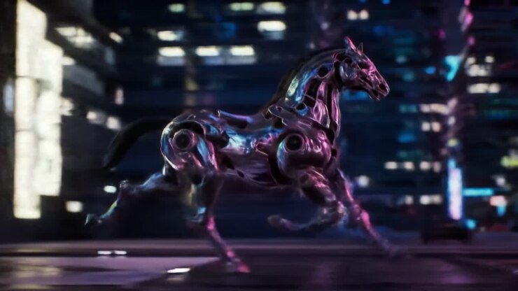 A sleek robotic horse gallops elegantly through a bustling urban landscape illuminated by neon lights.