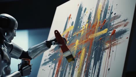 a robot artist creating an abstract masterpiece with bold colors and dynamic brushstrokes, merging technology and art in an innovative expression