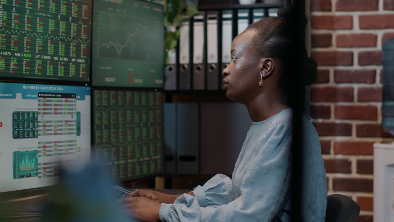 Female investor brainstorming ideas to work on exchange market