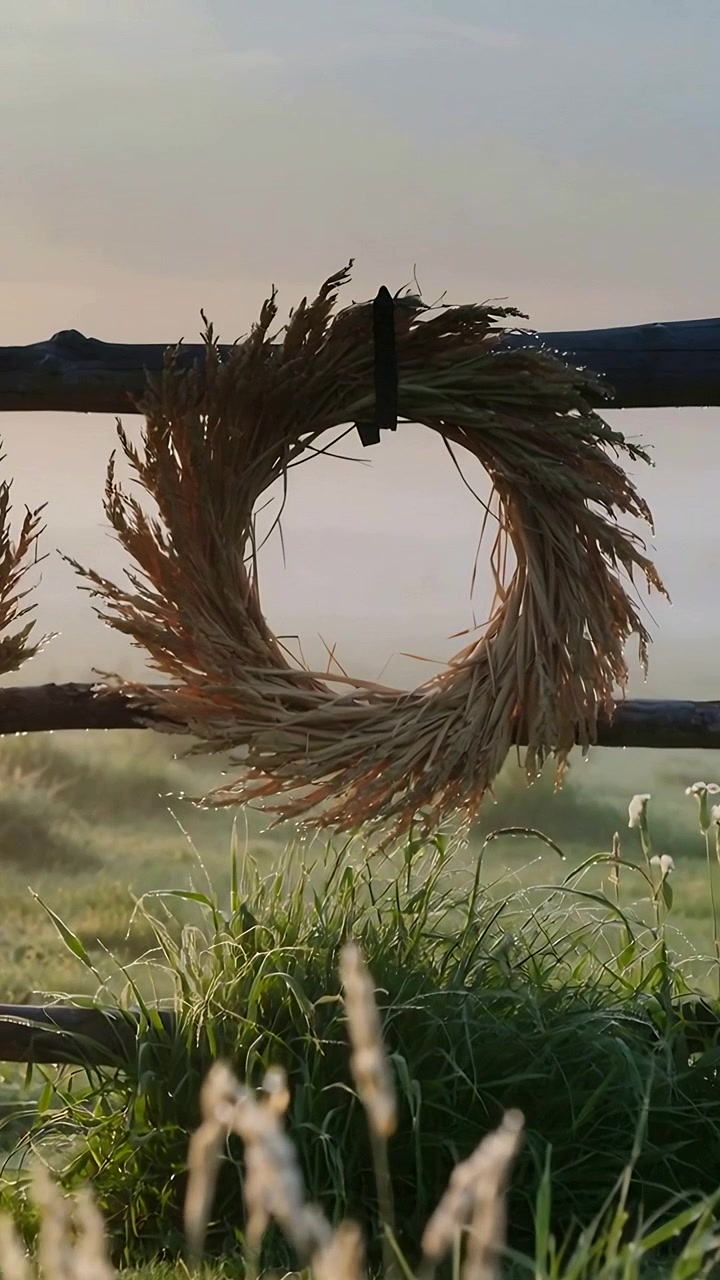 Video verticale: Ghirlanda rotonda che ondeggia fissata a una ringhiera in un prato all'alba, con la brezza che passa.