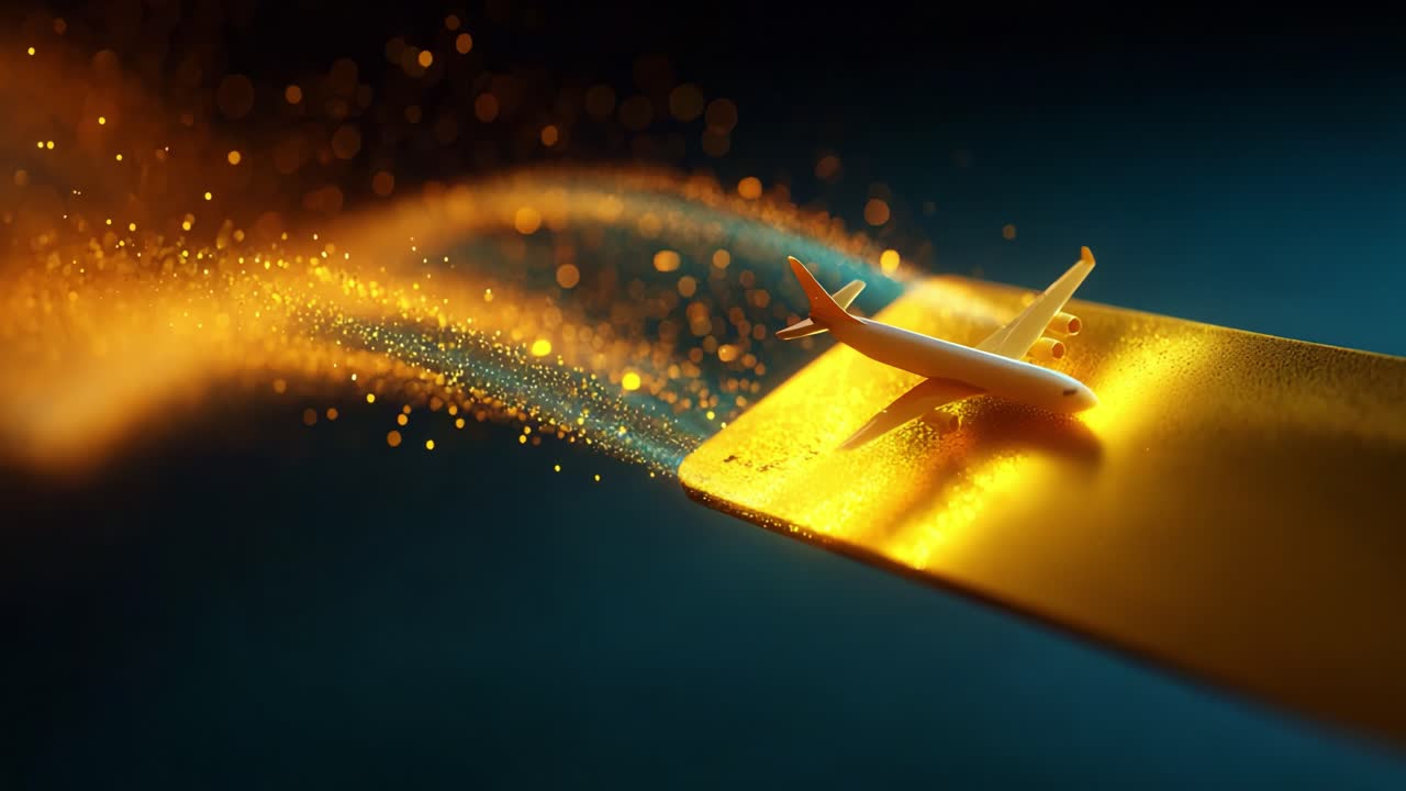 A Stunning Visualization of Flight: An Airplane Model Captured on a Vibrant Golden Surface Amidst a Magical Display of Shimmering Particles and Light Effects