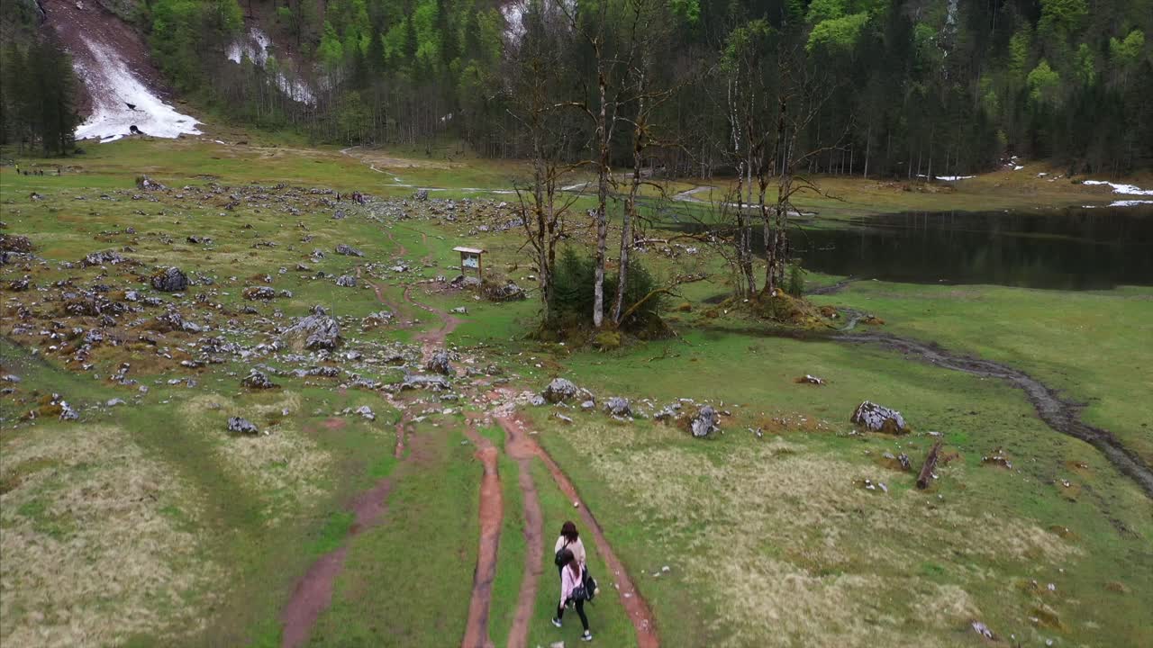 산악 호수 근처 의 산책길