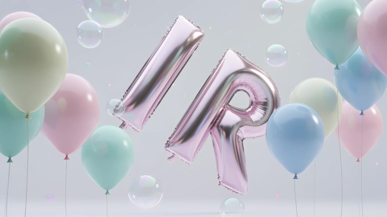 Lettere IR galleggianti in lamina color oro rosa che fluttuano al centro, l'aria dello studio solleva palloncini pastello e bolle.