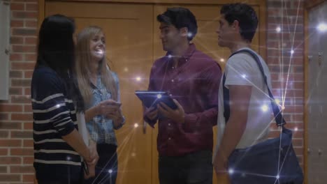 glowing network of connections against group of college students talking to each other