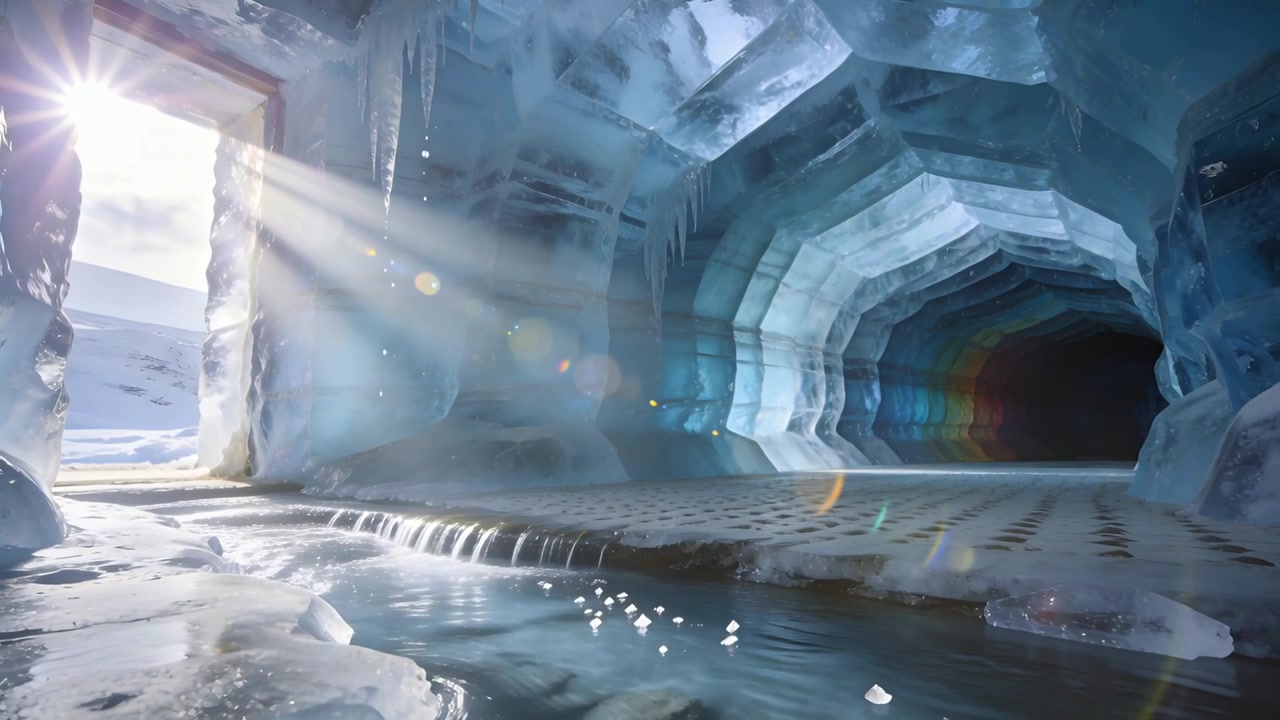 Luce solare che si intensifica e illumina l'ingresso di una caverna glaciale, rivelando una pozza riflettente e stalattiti di ghiaccio.