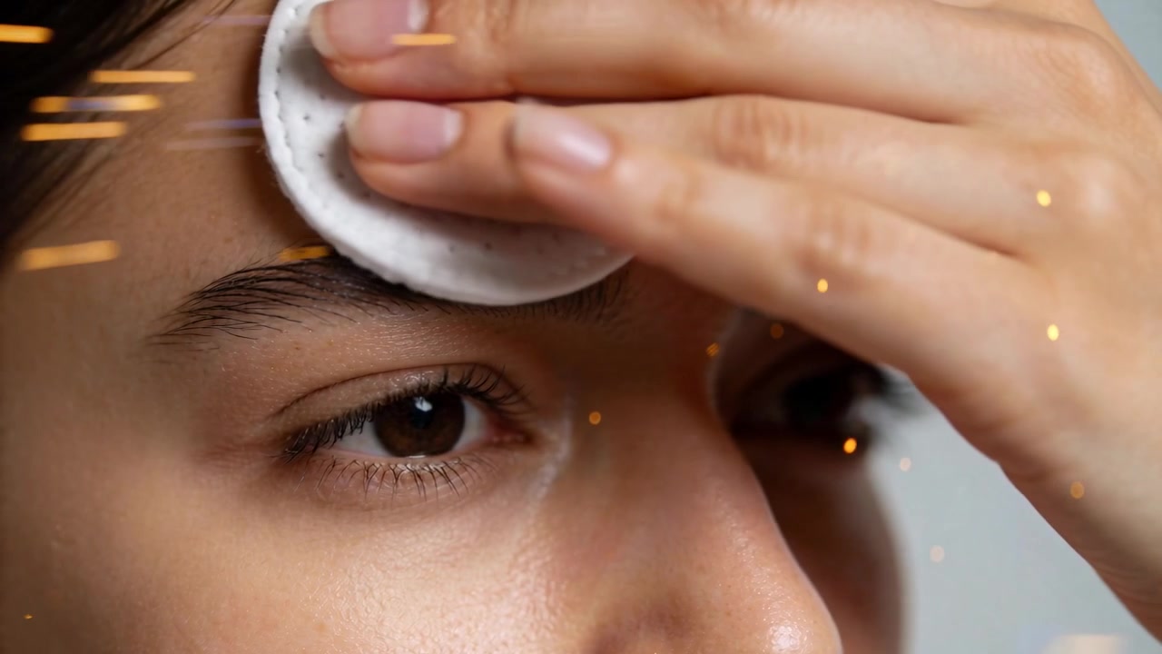 After applying serum, woman wiping forehead with cotton pad at studio to cleanse, polished nails