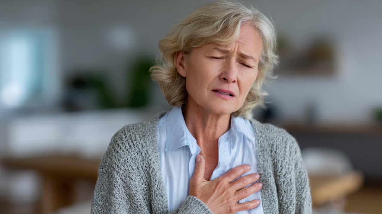 Concern and Distress: A Middle-Aged Woman Experiences Intense Discomfort, Highlighting Issues of Mental and Physical Health Awareness in Daily Life