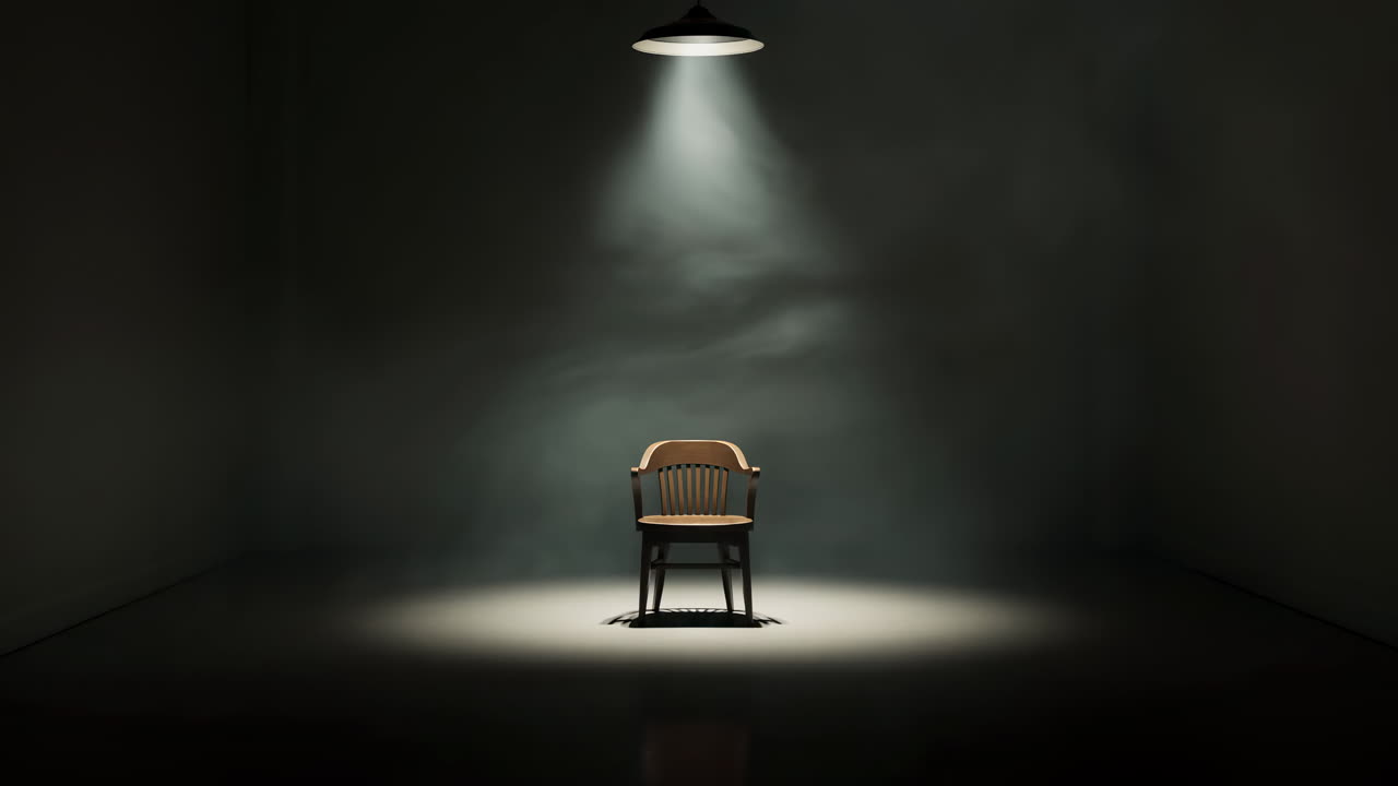 Empty Wooden Chair Under Harsh Spotlight In Smoky Dim Interrogation Room, Dramatic Shadows Create Tense