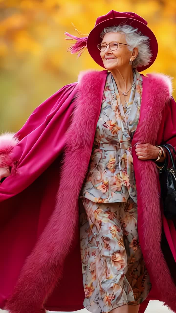Elegant Elderly Woman in Vibrant Pink Attire, Exuding Confidence and Charm While Strolling Through a Beautiful Autumn Landscape Filled with Colorful Leaves