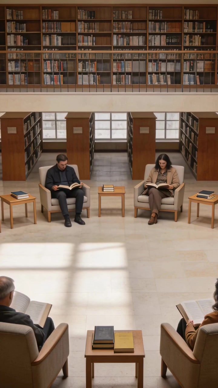 Video verticale: Dall'alto, un uomo e una donna leggono tra i libri in biblioteca, giacca scura, blazer chiaro.