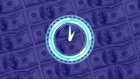 digital animation of glowing clock ticking against american dollars bills in background