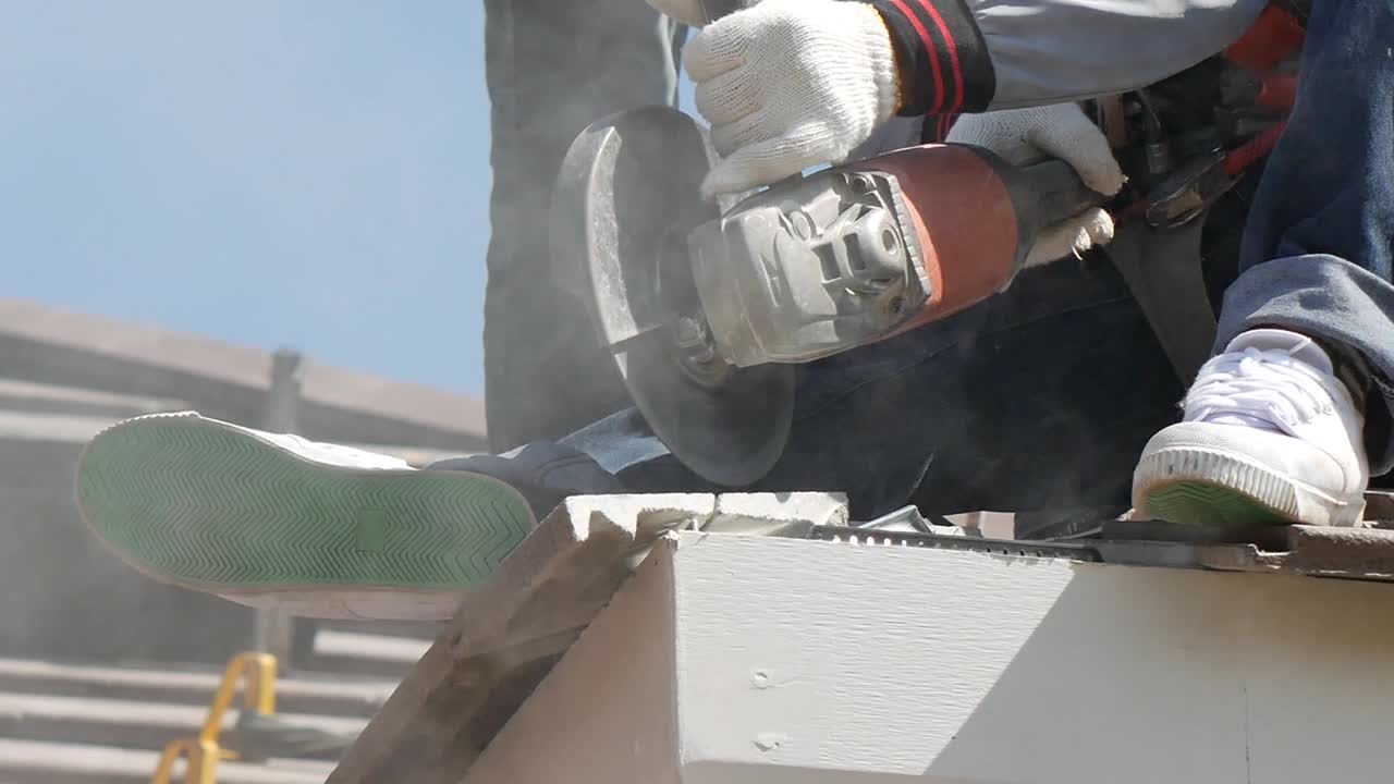 Asian Worker Doing Roof Tiles Installation, Cutting, Measuring Process, Close Up