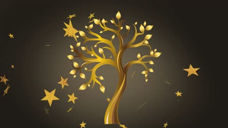 Animation-of-yellow-stars-and-tree-icon-on-black-background