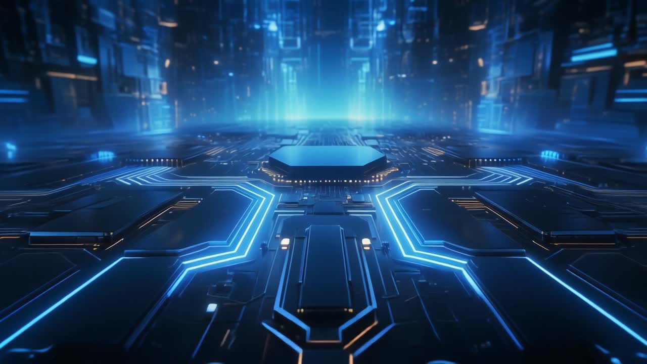Futuristisk digital prosessor med glødende blå datastrøm