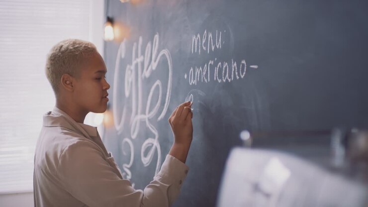 Afro Muslim Waitress Writting Coffee Kinds On Blackboard In A Cafe