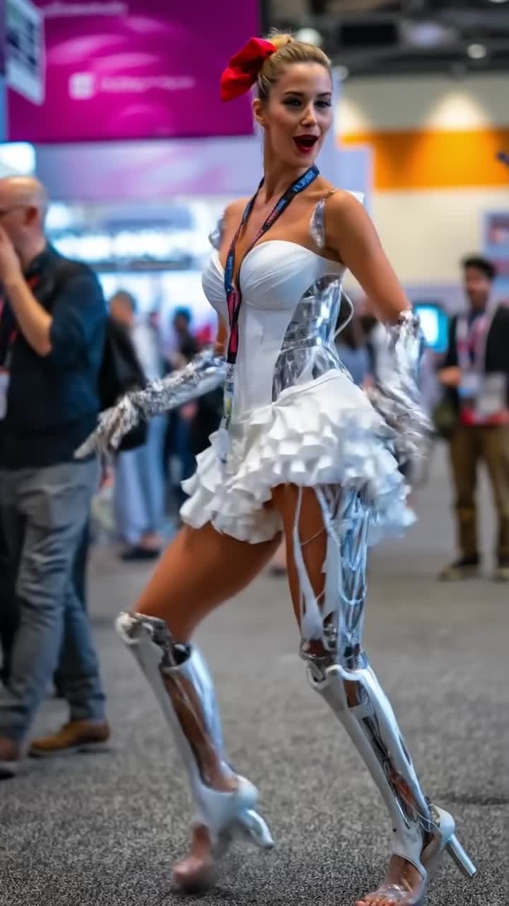 Mujer cíborg alegre con vestido de tutú blanco posando en una convención tecnológica.