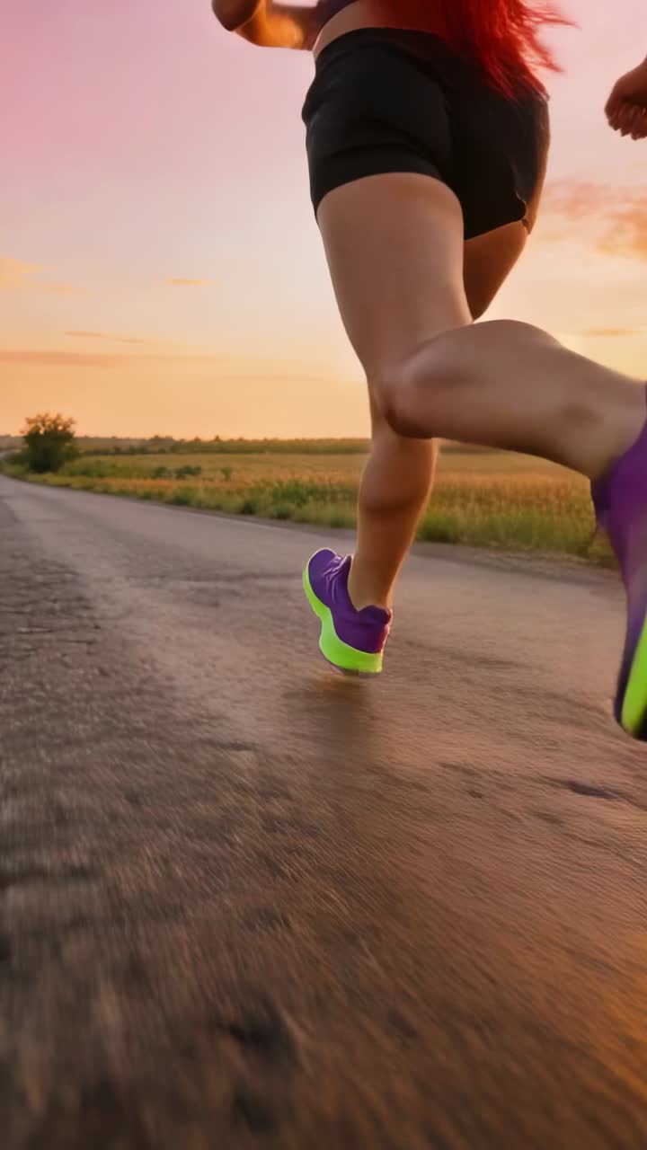 Vídeo vertical: Mulher correndo ao pôr do sol, mantendo o ritmo em uma estrada rural, usando shorts pretos e tênis roxos.