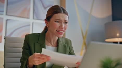 furious lady shouting remote conference sitting office closeup. woman video call