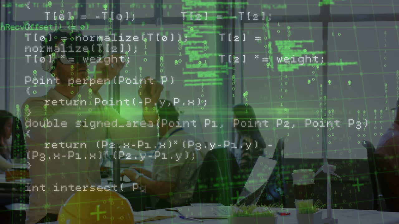 Animation of falling data processing over businessman using vr headset