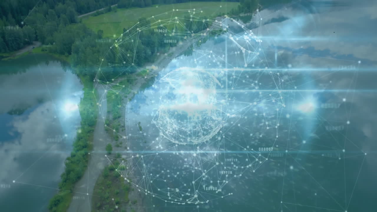 Digital network and data processing animation over scenic river landscape