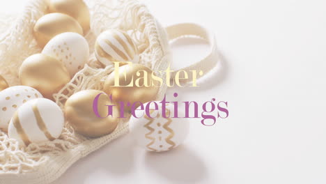 animation of easter greetings text over white and gold easter eggs on white background