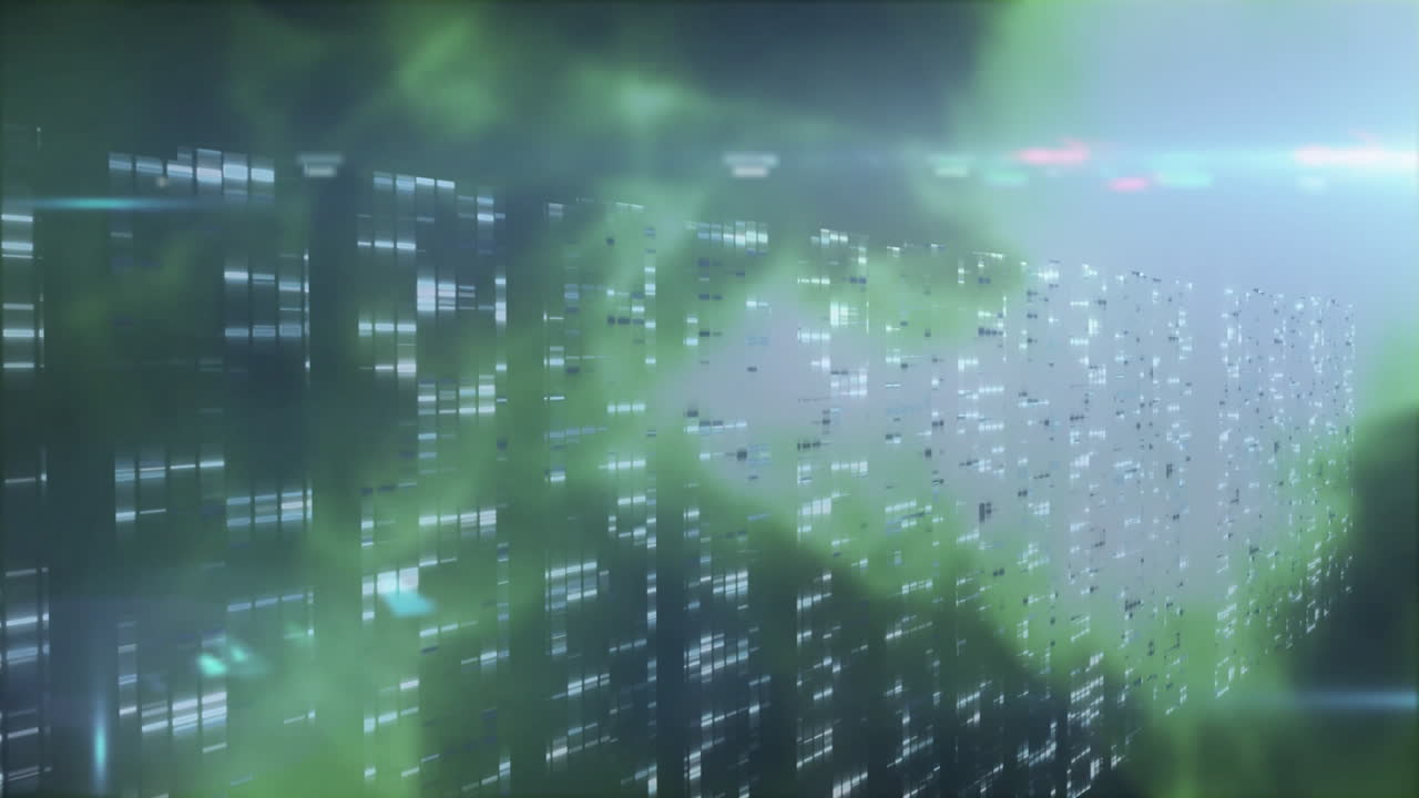 Glowing digital data matrix pulsing in 3D render, featuring pixel fragments and green mist