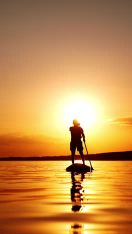 sportsman's silhouette approaches camera on the sup board. lonely person going paddle boarding on the river at sunset. low angle view. vertical video.