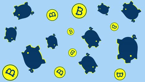 abstract animated background of bitcoin piggy banks and coins. 4k. vj loop.