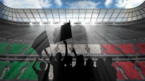 animation of silhouettes of sports fans cheering with italian flag over sports stadium