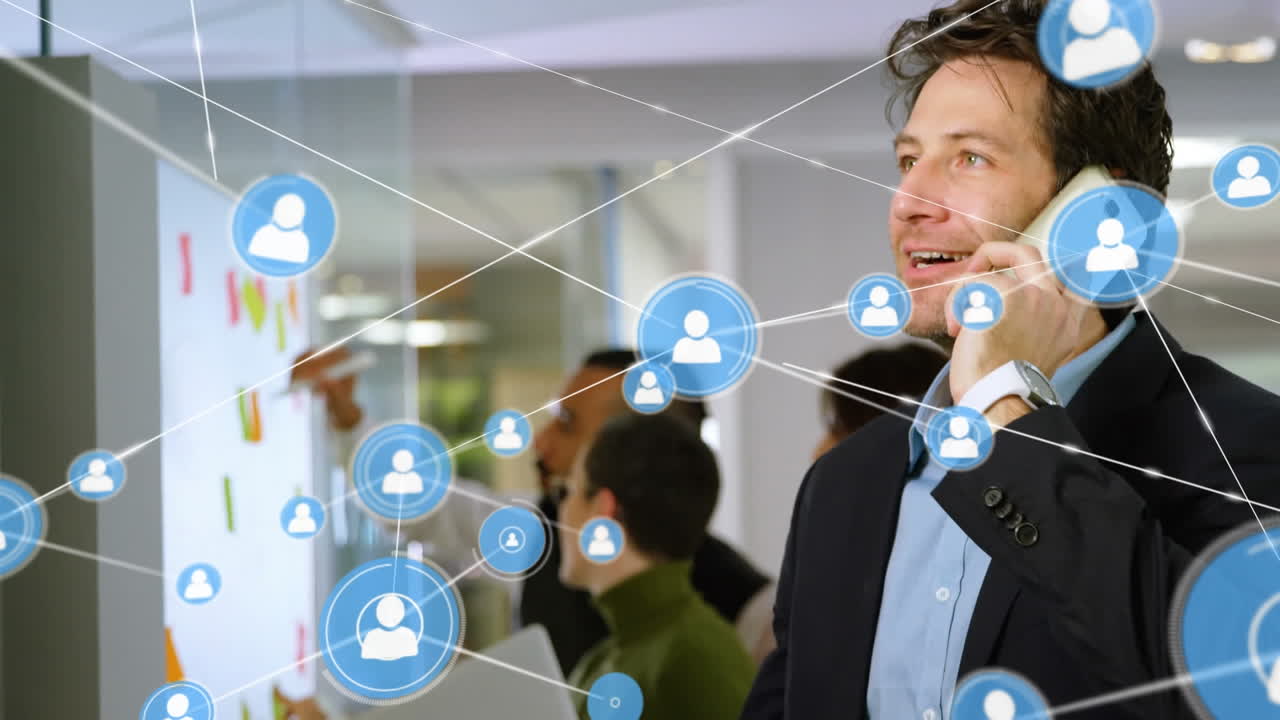 스마트 폰을 사용하는 코카시안 사업가에 대한 연결 네트워크의 애니메이션