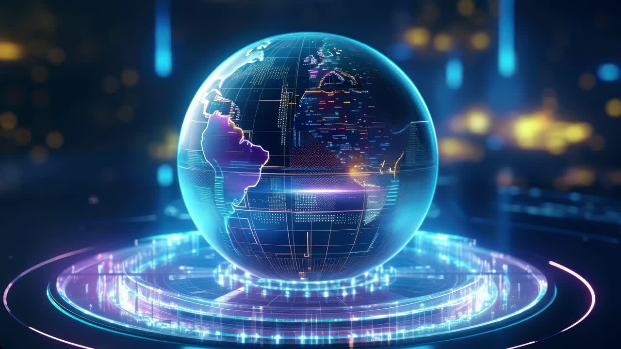 Futuristic video concept of a glowing digital globe on a holographic platform