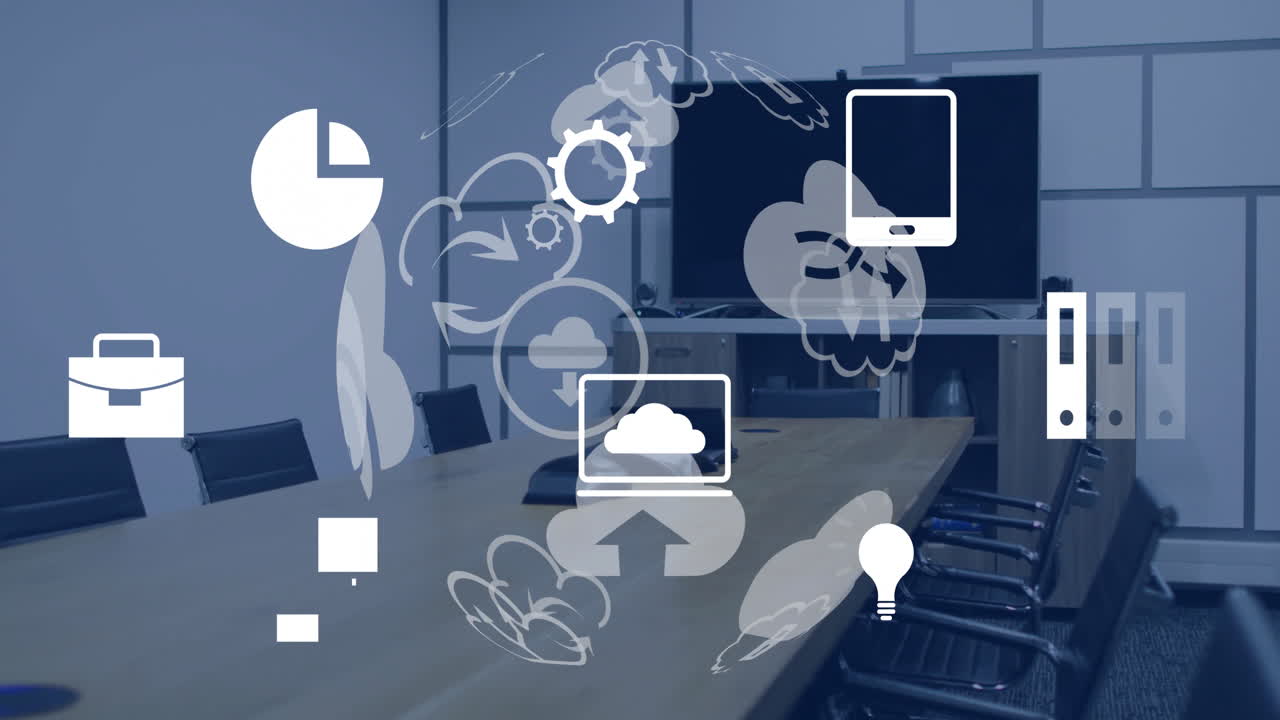 animación del globo con iconos y procesamiento de datos sobre el escritorio en la oficina