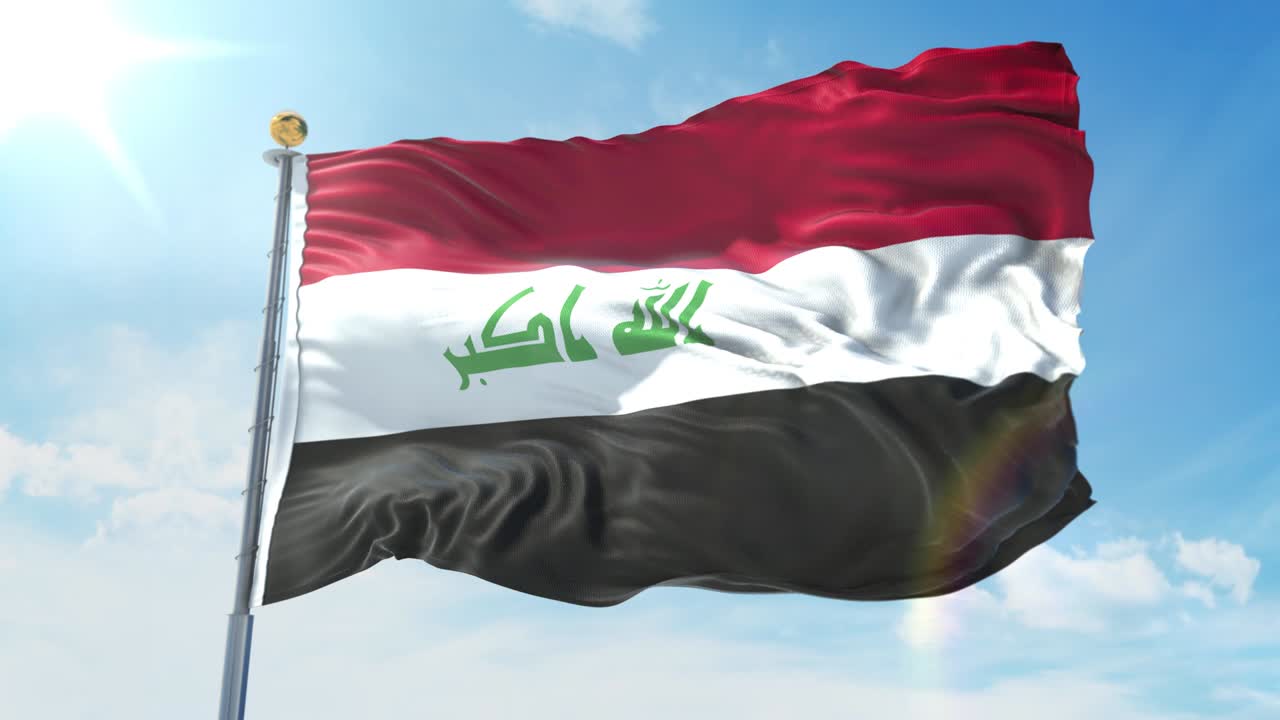 Iraq flag waving in the wind against deep blue sky. National theme, international concept. 3D Render Seamless Loop 4K