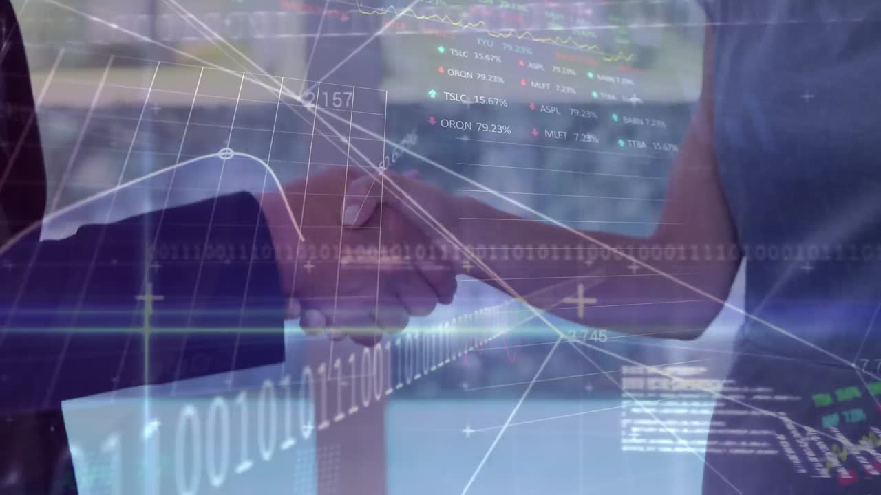 데이터 처리의 애니메이션과 다양한 사업가들이 손을 흔드는 그래프