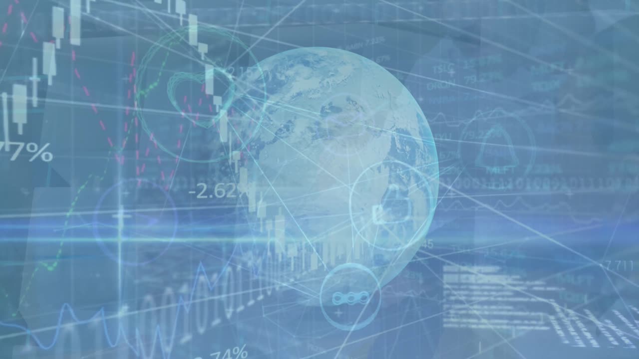 연결 네트워크와 세계를 통해 금융 데이터 처리의 애니메이션