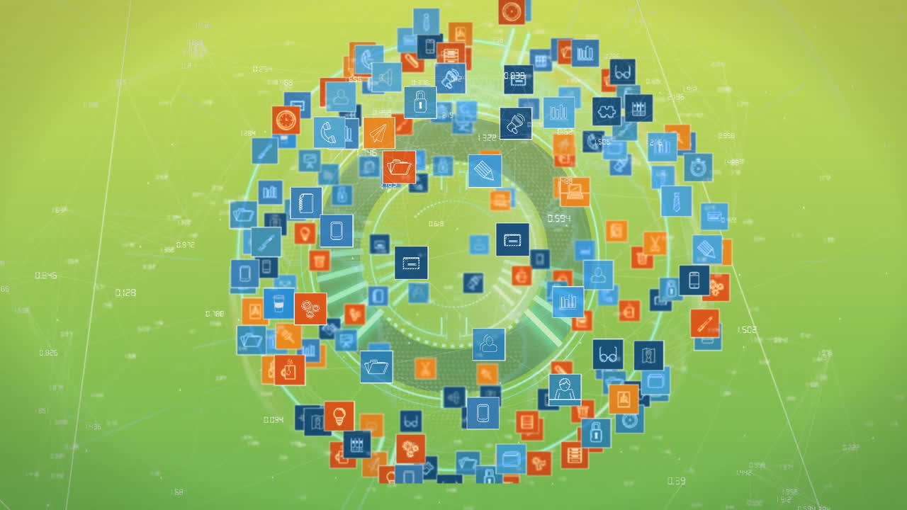 녹색 배경에 아이콘, 데이터 및 처리 원의 애니메이션