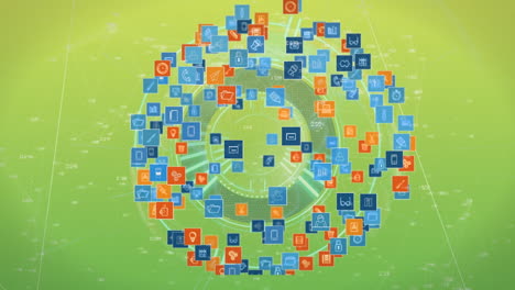 animación de iconos, datos y círculo de procesamiento sobre fondo verde