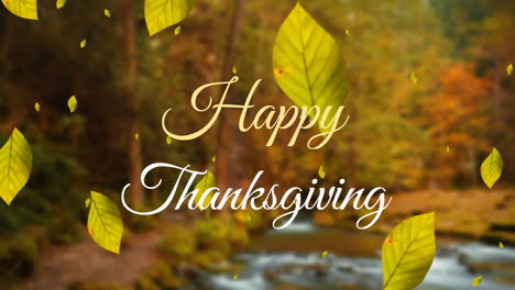 Animation-of-happy-thanksgiving-text-banner-over-maple-leaves-falling-against-forest-park