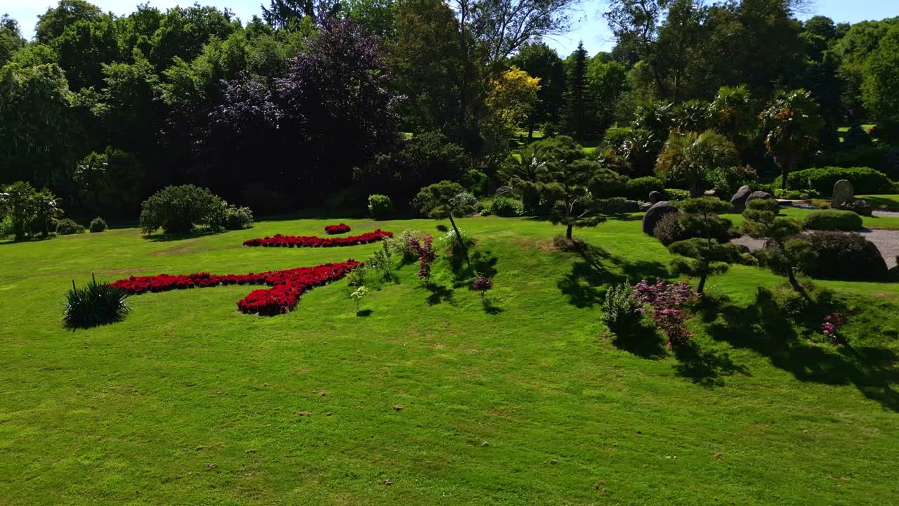 Vibrant red flowerbed design on green lawn, with beautiful Japanese garden in background, Parc de Haute Bretagne, France. Aerial drone low-altitude