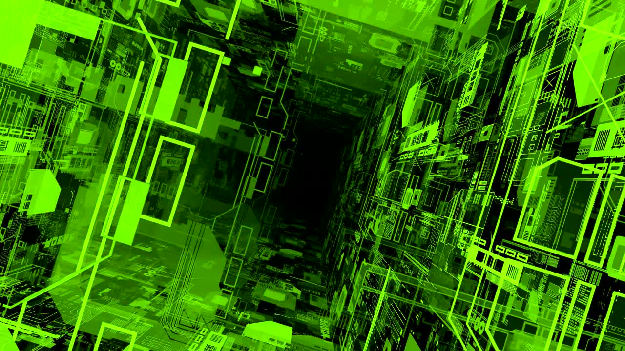 Quantum Computing. Neon color gradient. Matrix code on black background. Futuristic head up display.