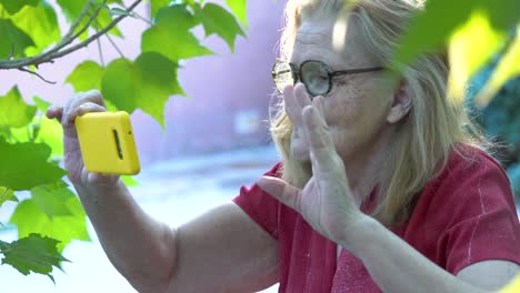 una anciana saluda a la familia a través de un teléfono inteligente en el patio trasero