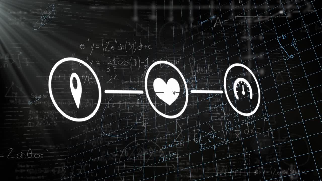 검은 바탕에 수학적 방정식과 미디어 아이콘의 애니메이션