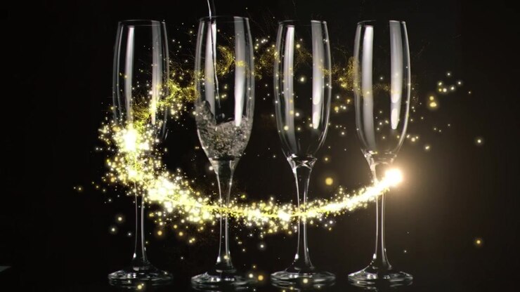Animazione di una scia luminosa su bicchieri di champagne su sfondo nero.