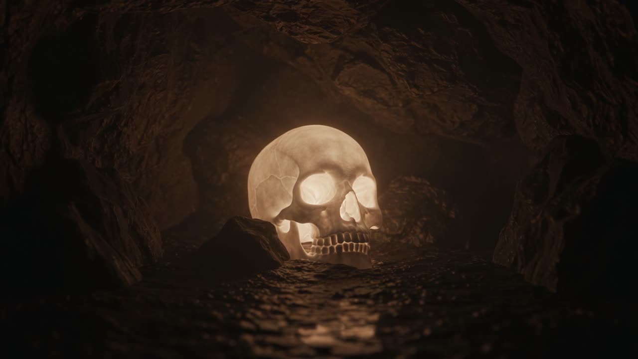 Mysterious Cave Encounter: An Illuminated Skull Revealed in the Depths, Surrounded by Dark Rocks and Shadows of an Ancient Passage